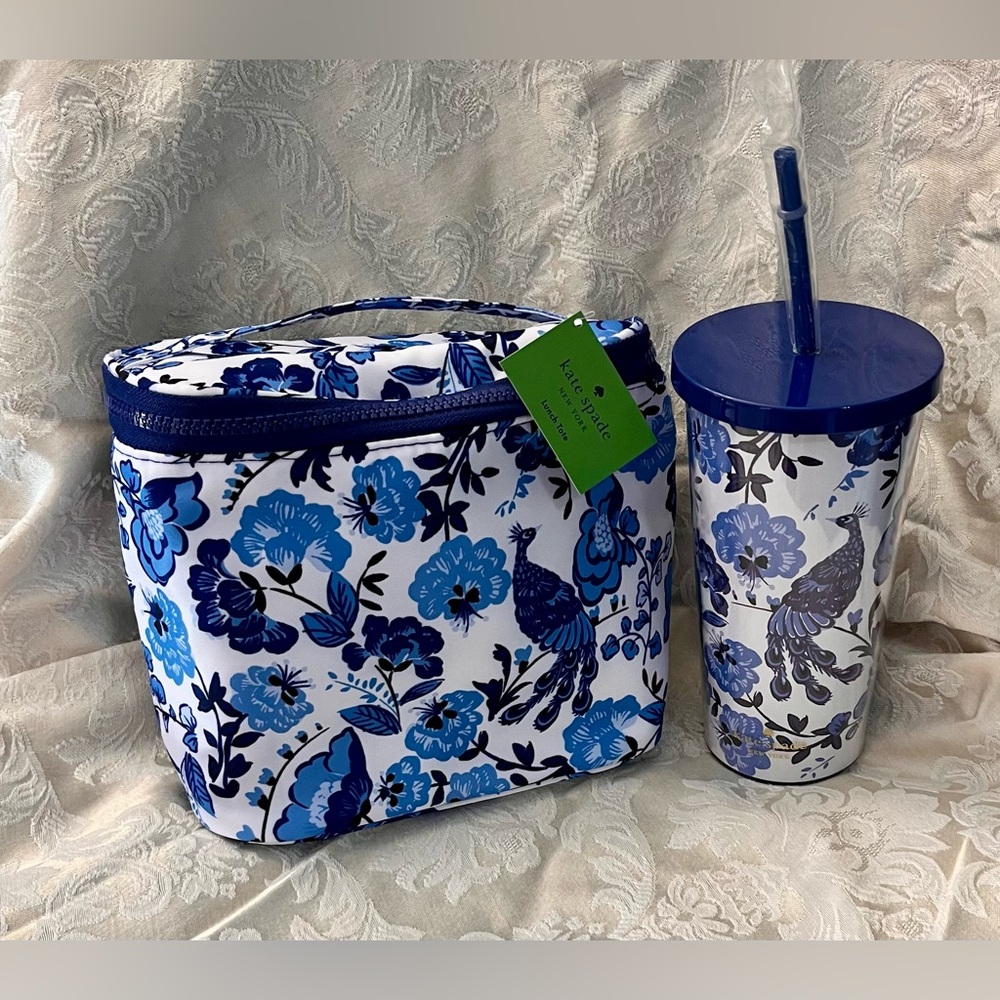 Kate Spade New York Peacock Floral Lunch Tote Bag & Tumbler Set Blue NWT